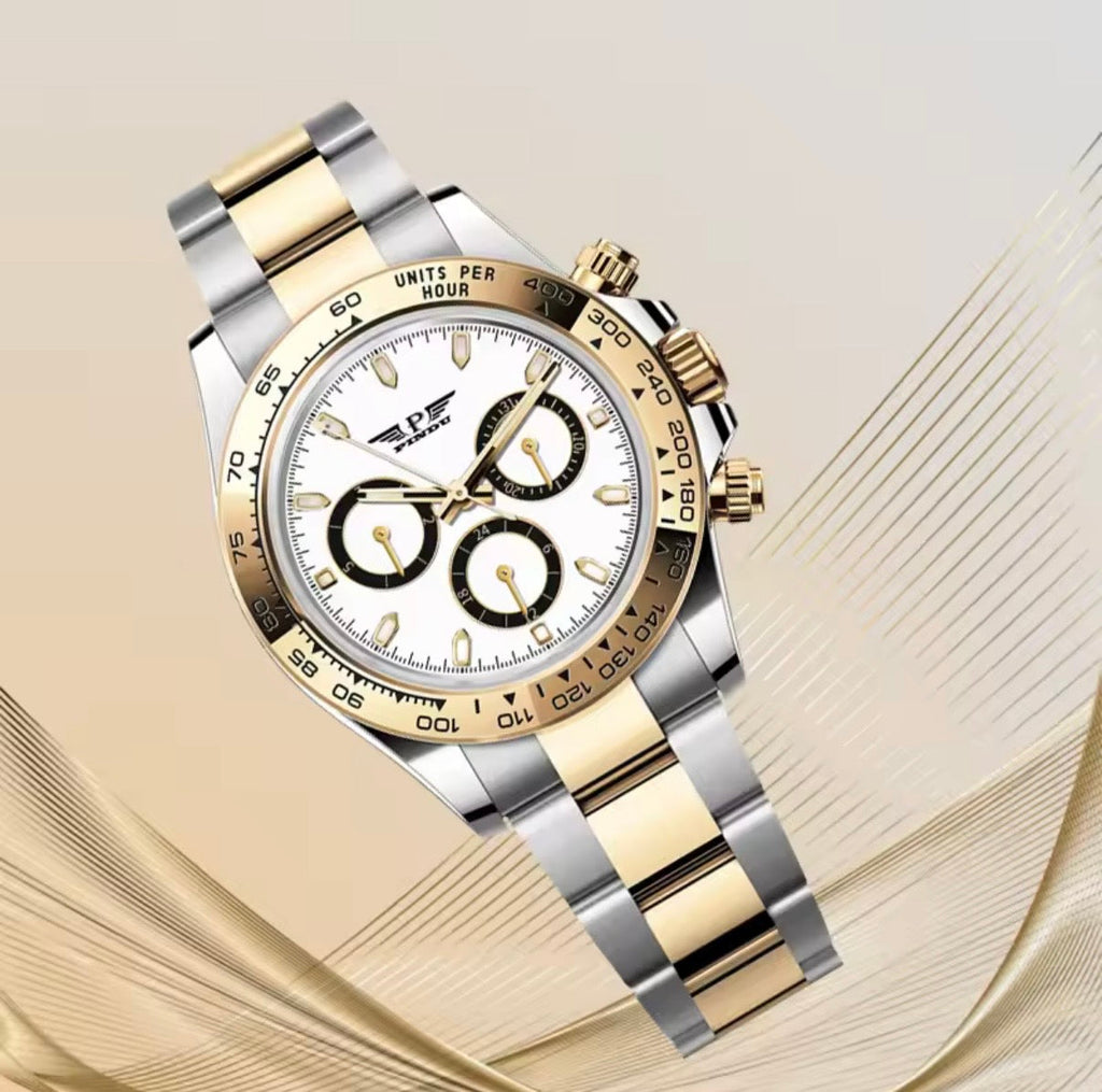 PINDU P6589 automatic chronograph watch two-tone gold silver case white dial steel bracelet outdoor lifestyle shot