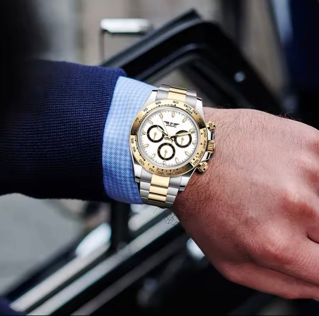 PINDU P6589 automatic chronograph watch two-tone gold silver case white dial steel bracelet lifestyle shot