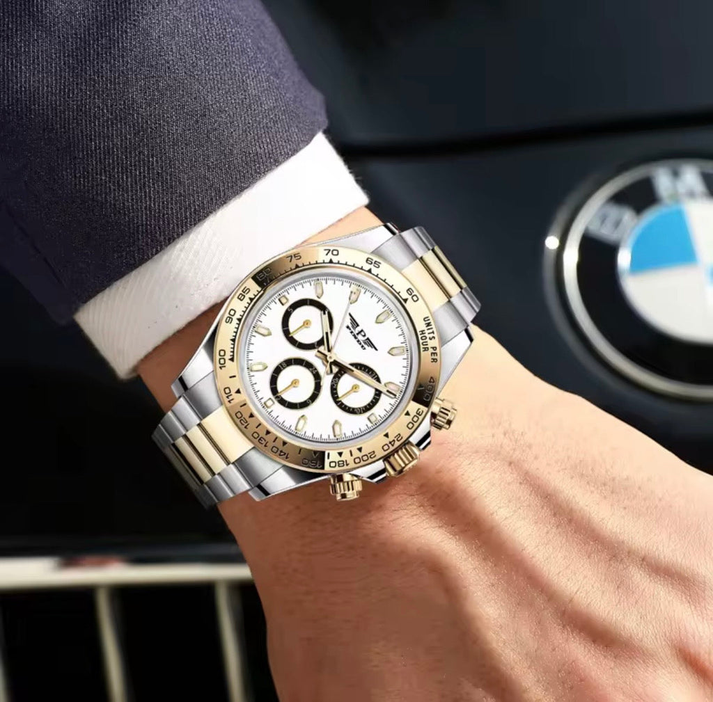 PINDU P6589 automatic chronograph watch two-tone case white dial gold bezel steel bracelet wrist shot