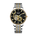 PINDU P6593 automatic tourbillon watch crystal diamond bezel black dial gold silver jubilee bracelet front view