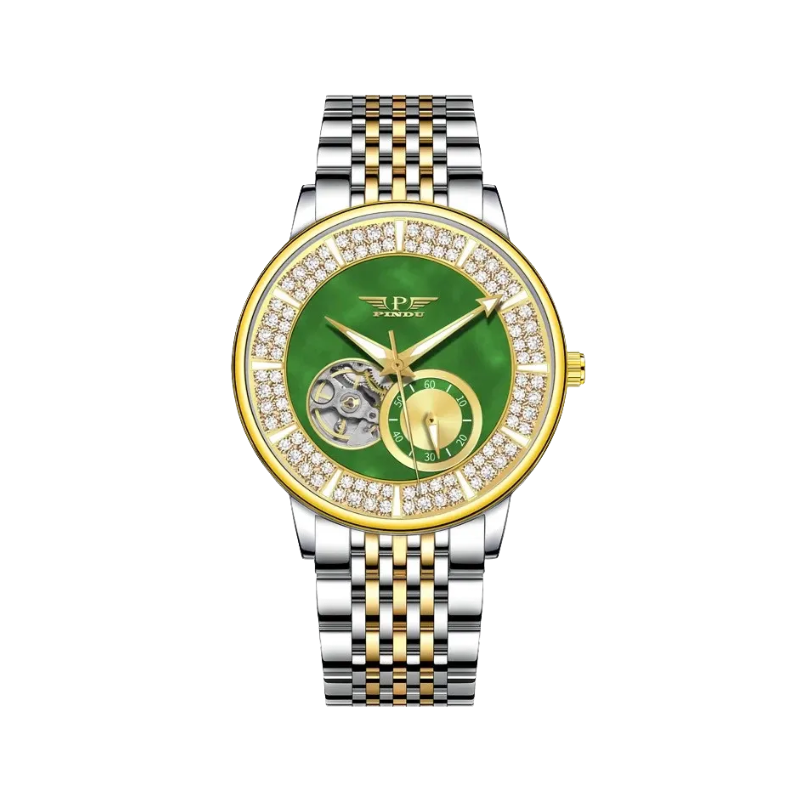 PINDU P6593 automatic tourbillon watch crystal diamond bezel green jade dial gold silver jubilee bracelet front view