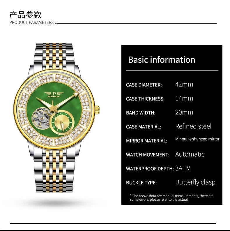PINDU P6593 tourbillon watch product specifications 42mm automatic movement 3ATM waterproof green jade dial diamond bezel