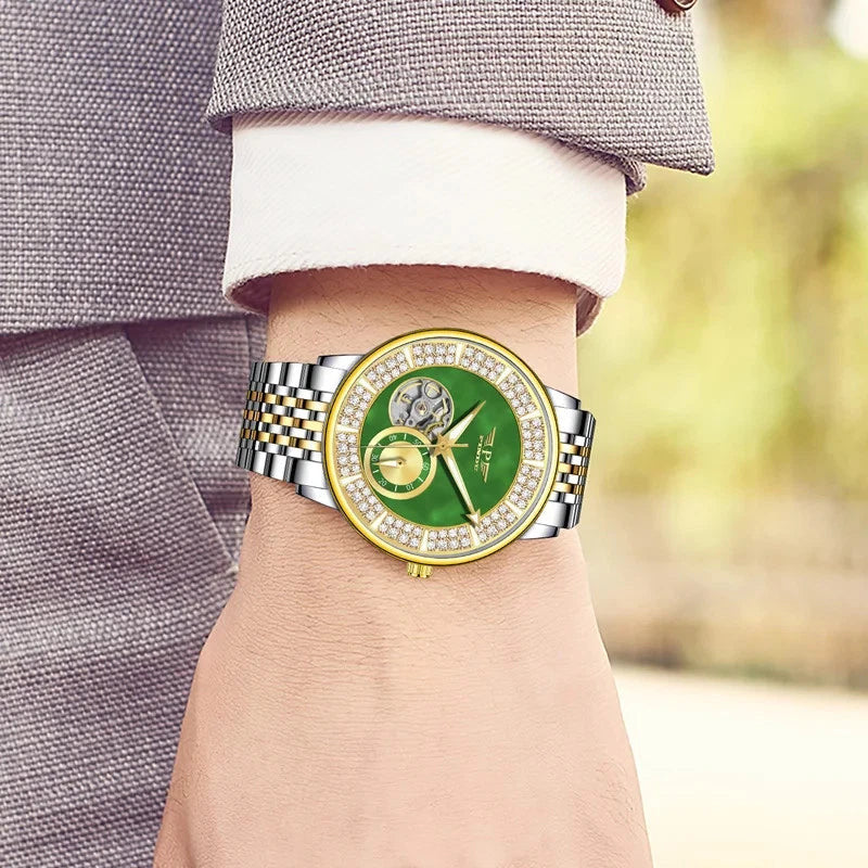 PINDU P6593 tourbillon diamond bezel watch wrist angled view suit green jade dial gold jubilee bracelet