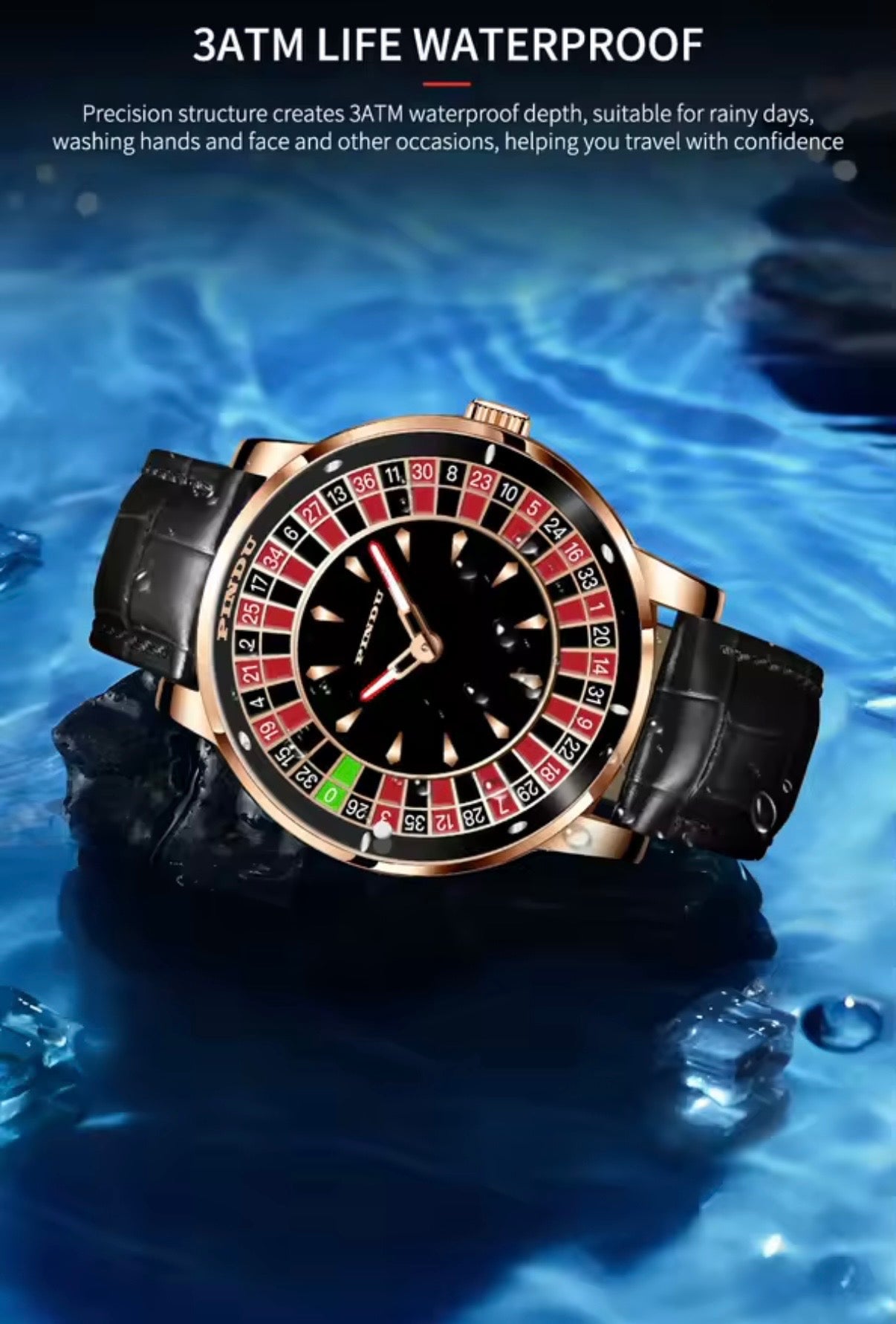 PINDU P6616 Las Vegas Roulette Table gold case brown leather strap angle view