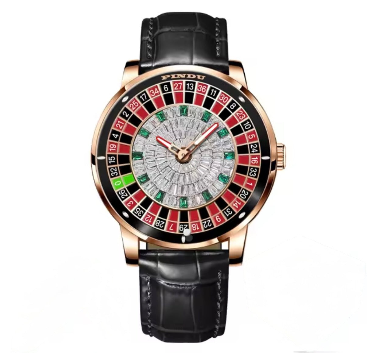PINDU P6616 Las Vegas Roulette Table silver case black leather strap angle view