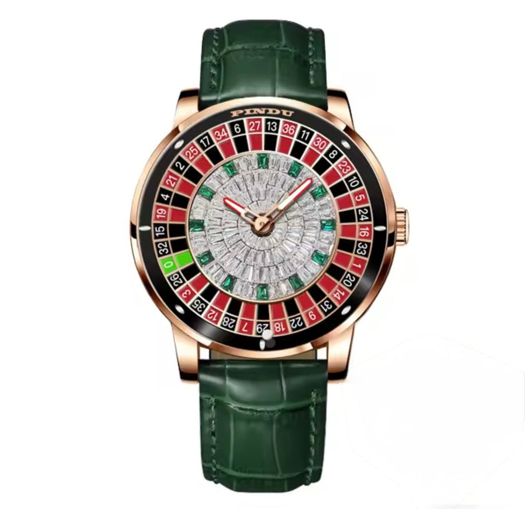 PINDU P6616 Las Vegas Roulette Table silver case black leather strap front view