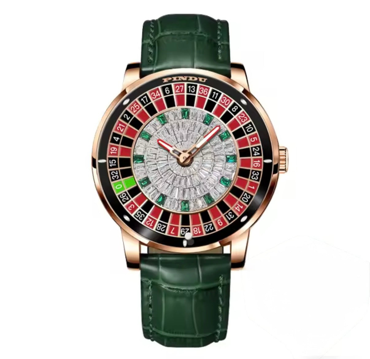 PINDU P6616 Las Vegas Roulette Table silver case black leather strap front view