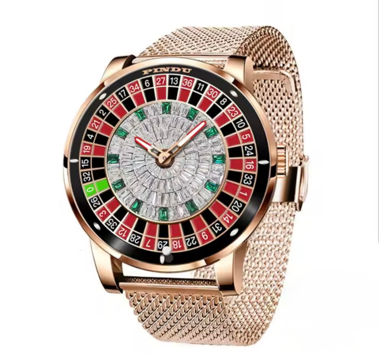 PINDU P6616 Las Vegas Roulette Table silver case black leather strap side view