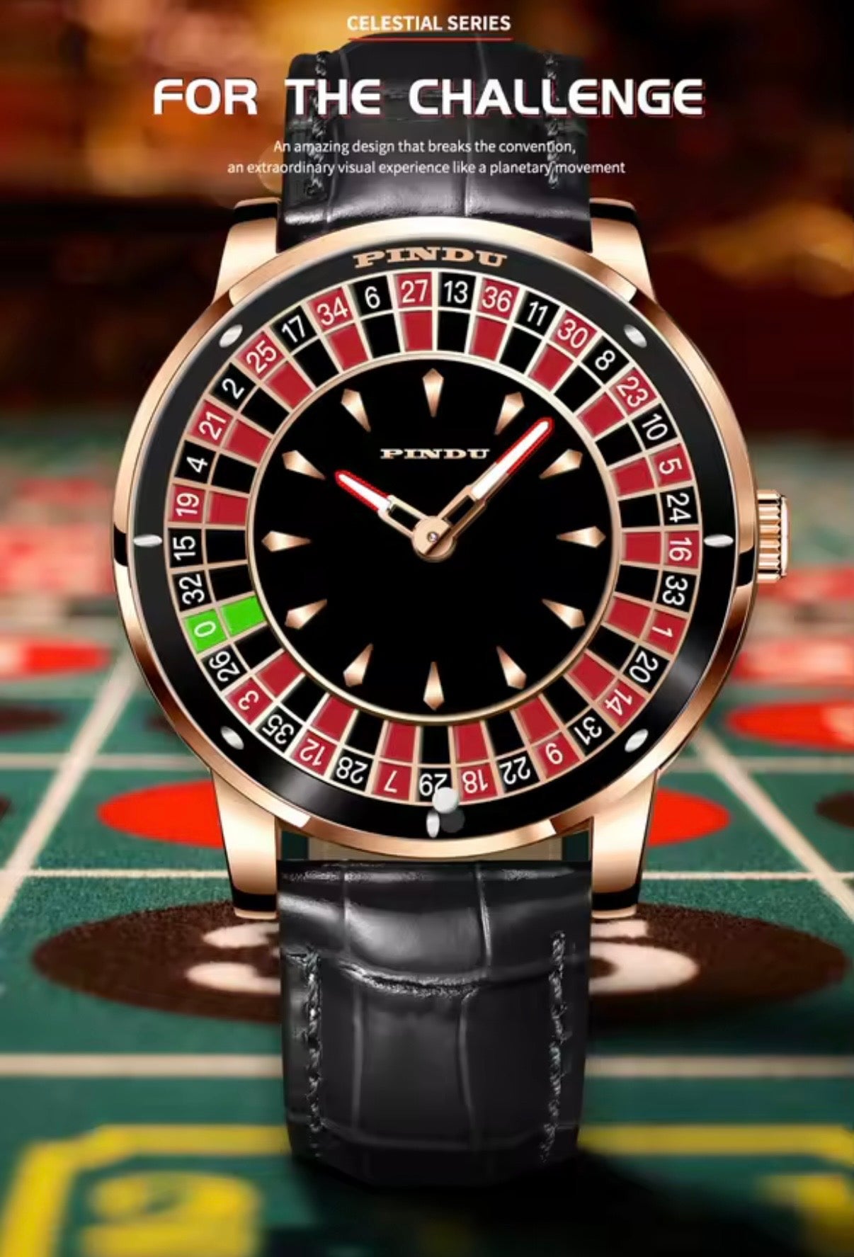 PINDU P6617 Las Vegas Roulette Table gold case black leather strap front view