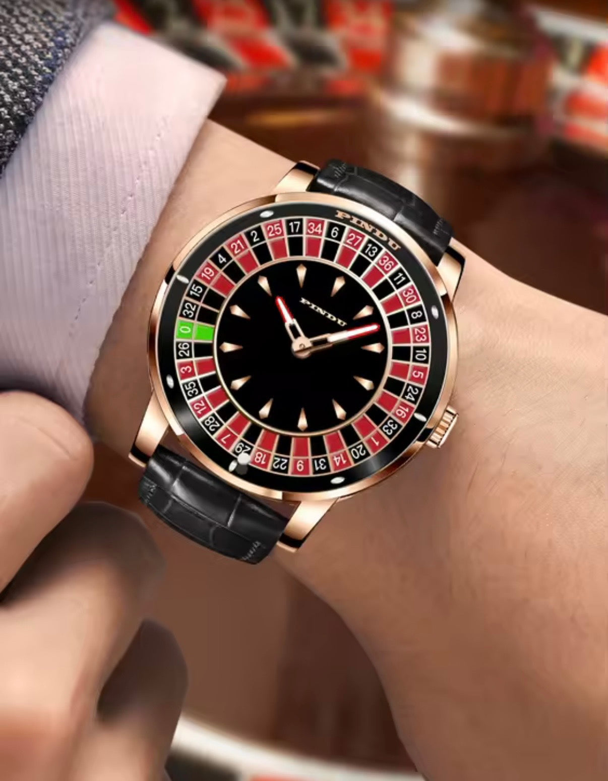PINDU P6617 Las Vegas Roulette Table gold case black leather strap side view
