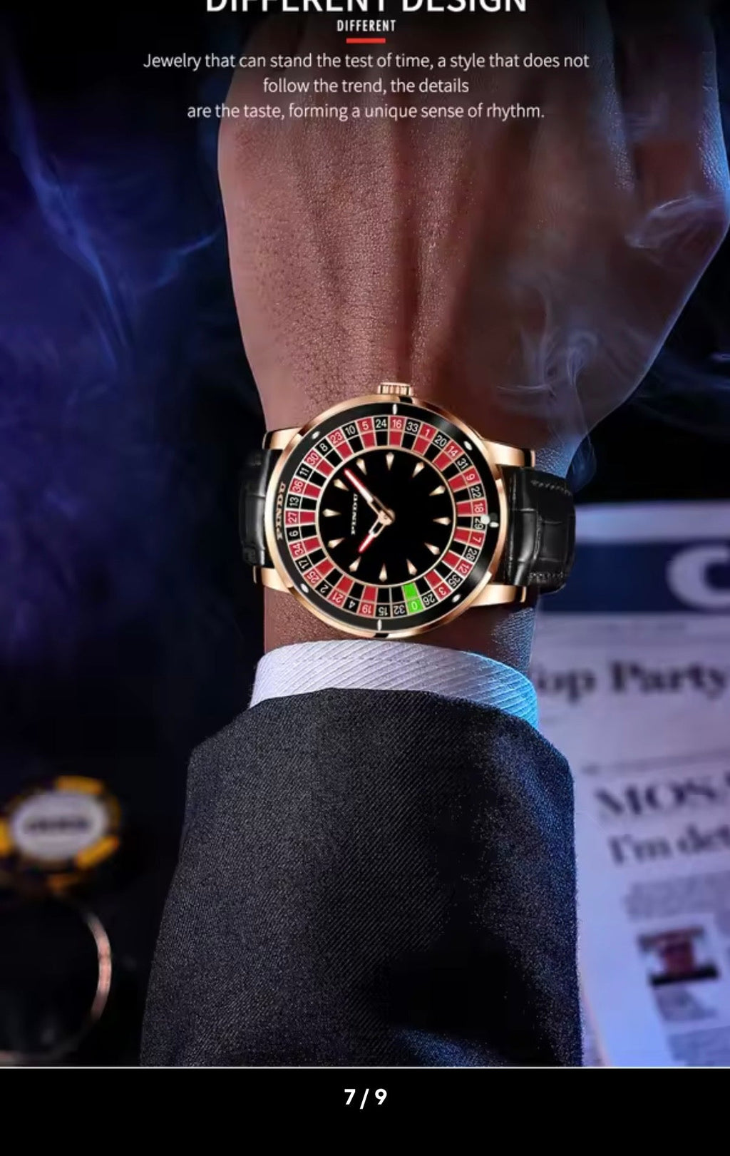 PINDU P6617 Las Vegas Roulette Table gold case brown leather strap angle view