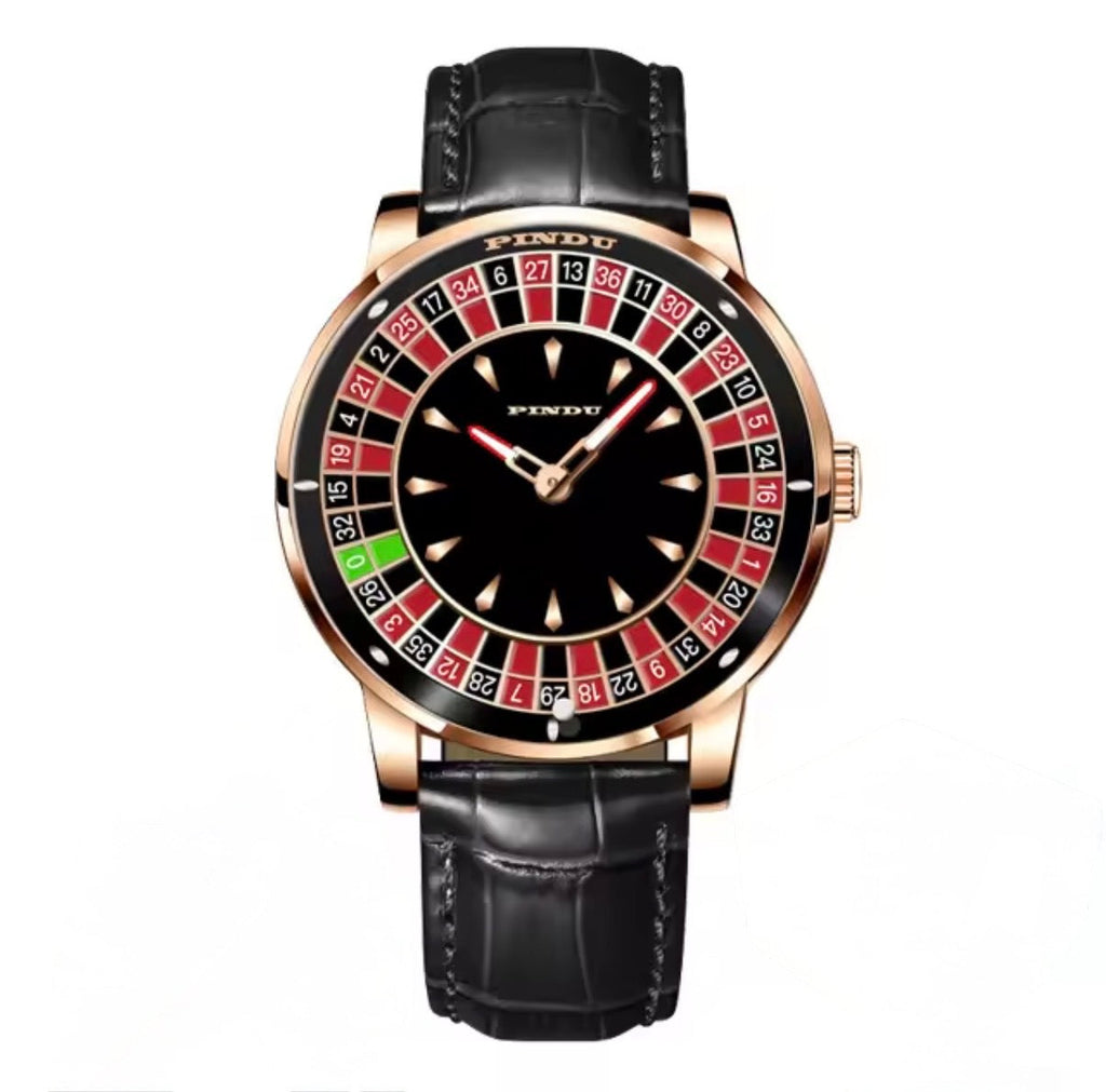 PINDU P6617 Las Vegas Roulette Table silver case black leather strap angle view