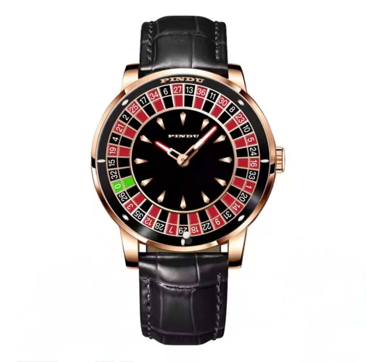PINDU P6617 Las Vegas Roulette Table silver case black leather strap angle view