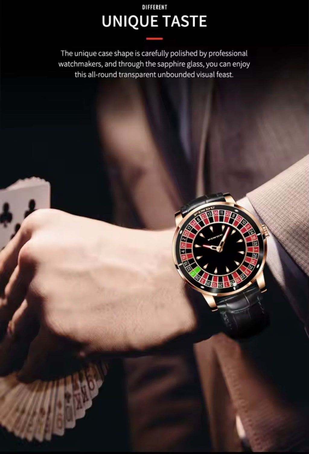 PINDU P6617 Las Vegas Roulette Table silver case brown leather strap angle view