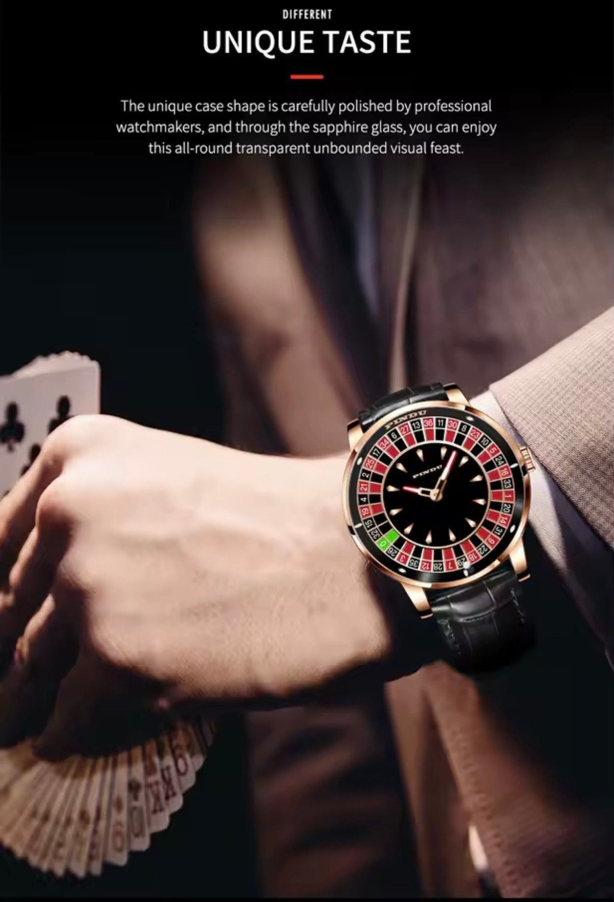 PINDU P6617 Las Vegas Roulette Table silver case brown leather strap angle view