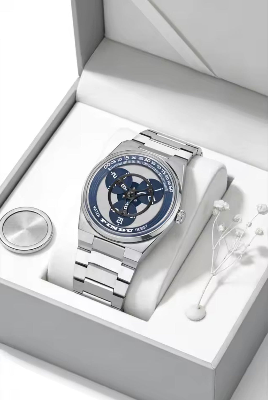 PINDU P6618 rotating disk dial watch gift box presentation sport case blue disk silver steel bracelet