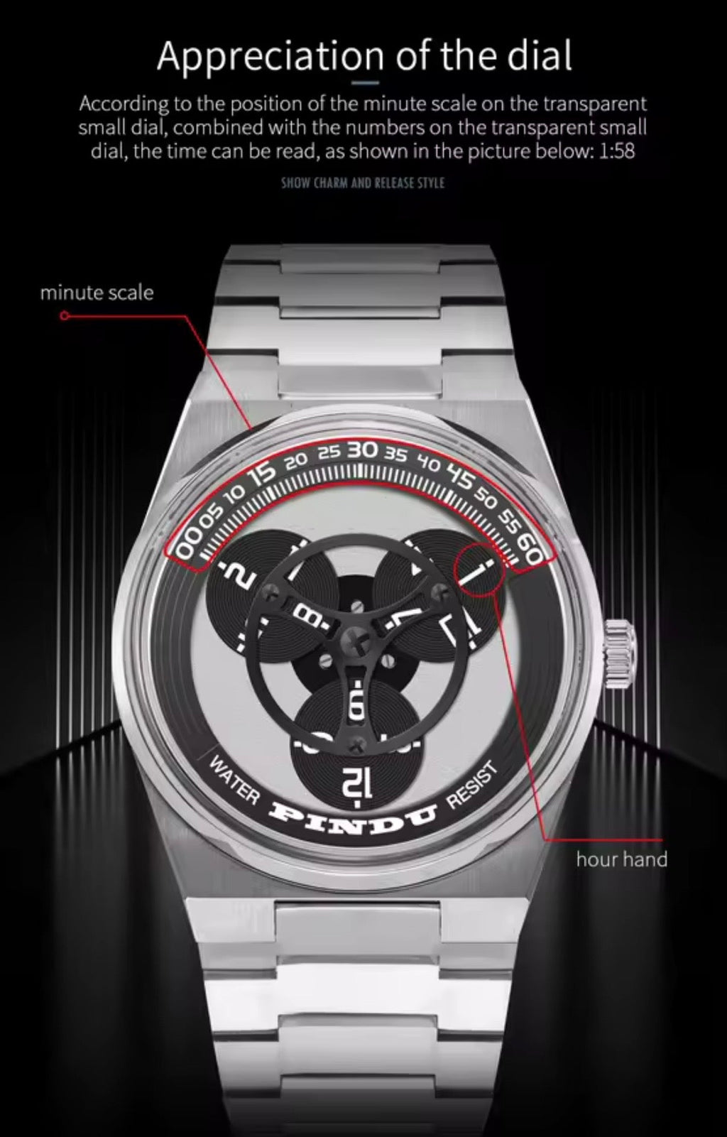 PINDU P6618 rotating disk dial how to read time appreciation infographic sport case black disk steel bracelet