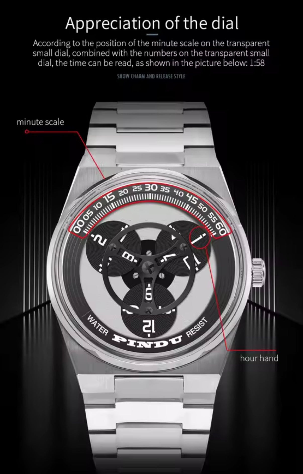 PINDU P6618 rotating disk dial how to read time appreciation infographic sport case black disk steel bracelet