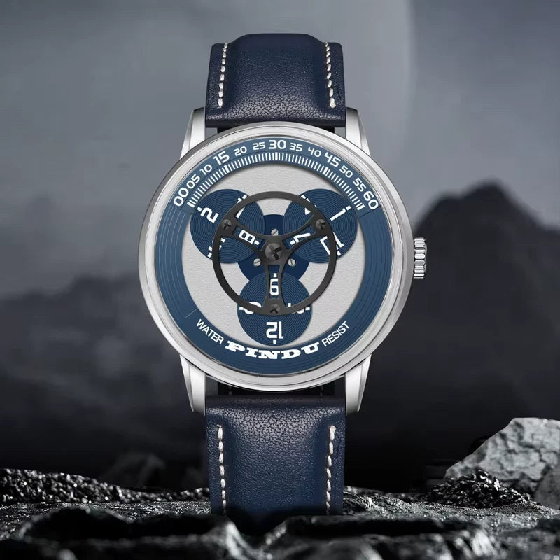 PINDU P6618 rotating disk dial watch lifestyle mountain background silver round case blue leather strap