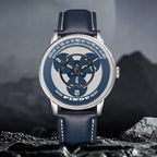 PINDU P6618 rotating disk dial watch lifestyle mountain background silver round case blue leather strap