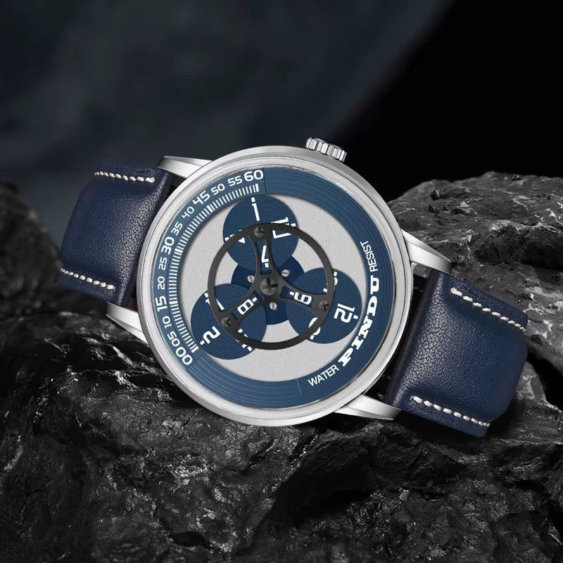 PINDU P6618 rotating disk dial watch lifestyle dark rock background silver round case blue leather strap