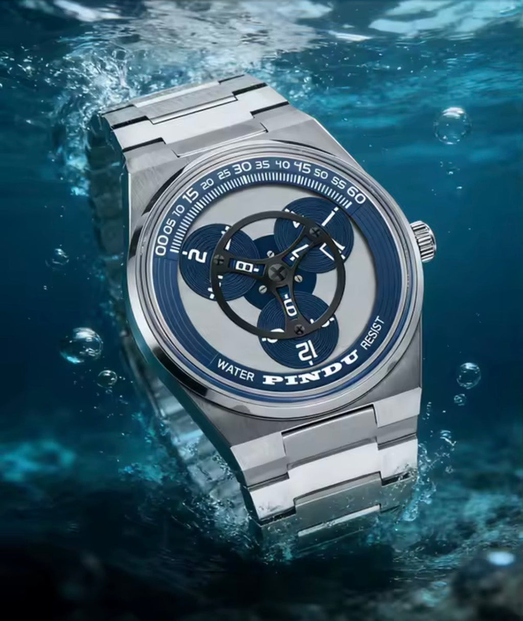 PINDU P6618 rotating disk dial watch underwater lifestyle silver sport case blue disk steel bracelet