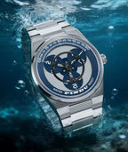 PINDU P6618 rotating disk dial watch underwater lifestyle silver sport case blue disk steel bracelet