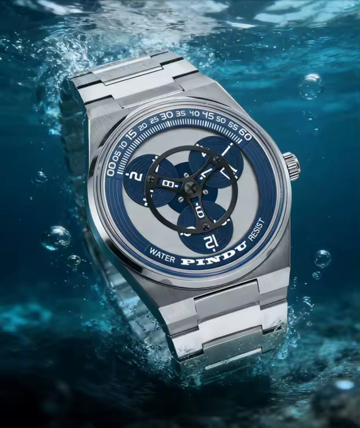PINDU P6618 rotating disk dial watch underwater lifestyle silver sport case blue disk steel bracelet