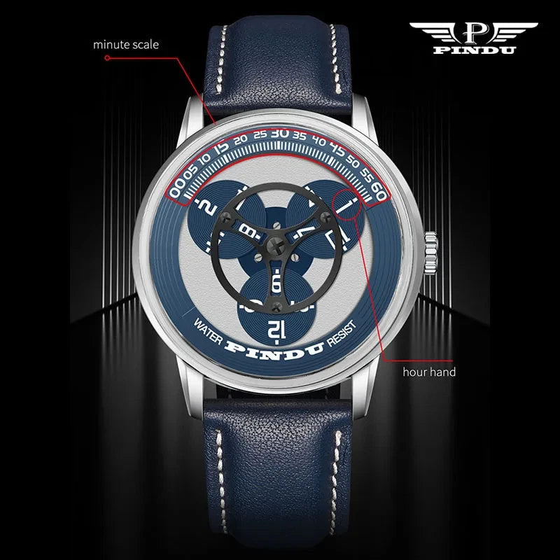 PINDU P6618 rotating disk watch minute scale and hour hand callout diagram silver case blue leather dark background