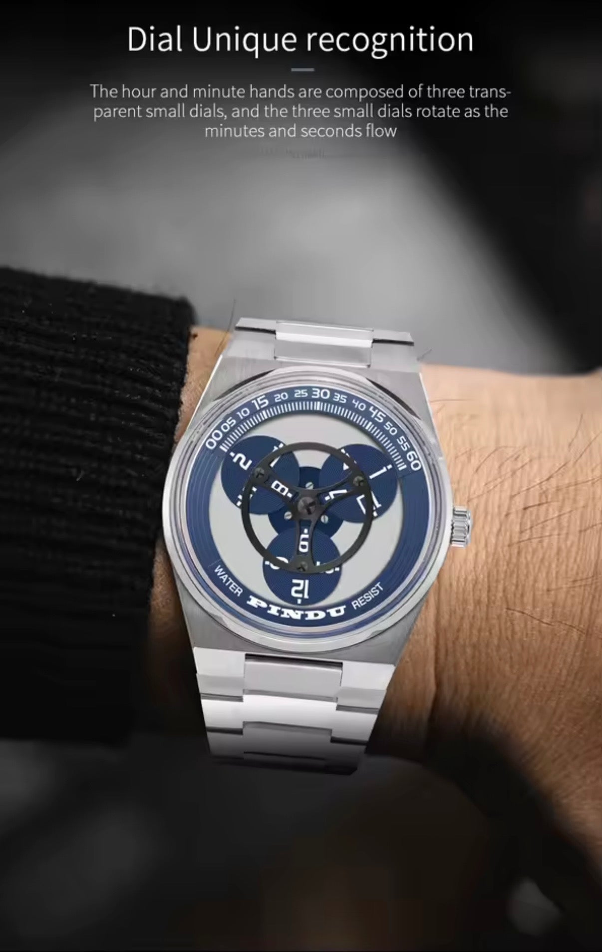 PINDU P6618 rotating disk dial unique recognition feature wrist shot sport case silver steel bracelet blue disk