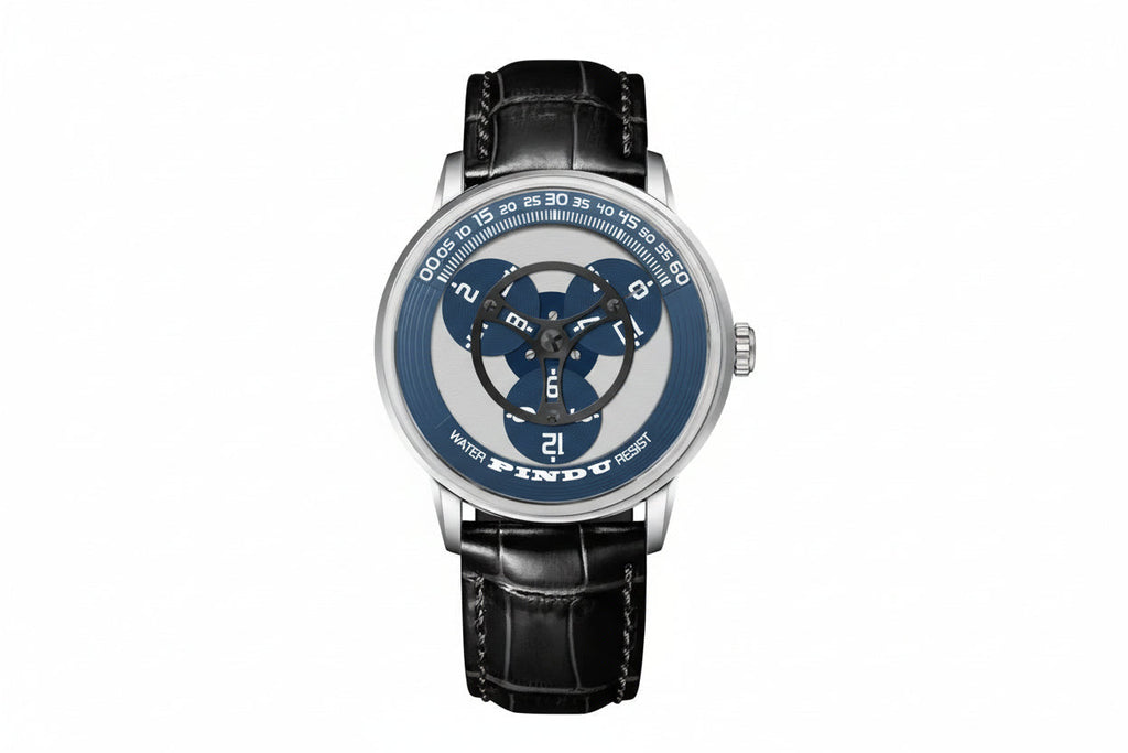PINDU P6618 rotating disk dial watch silver round case blue triple disk black leather strap front view