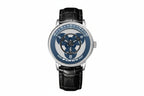 PINDU P6618 rotating disk dial watch silver round case blue triple disk black leather strap front view