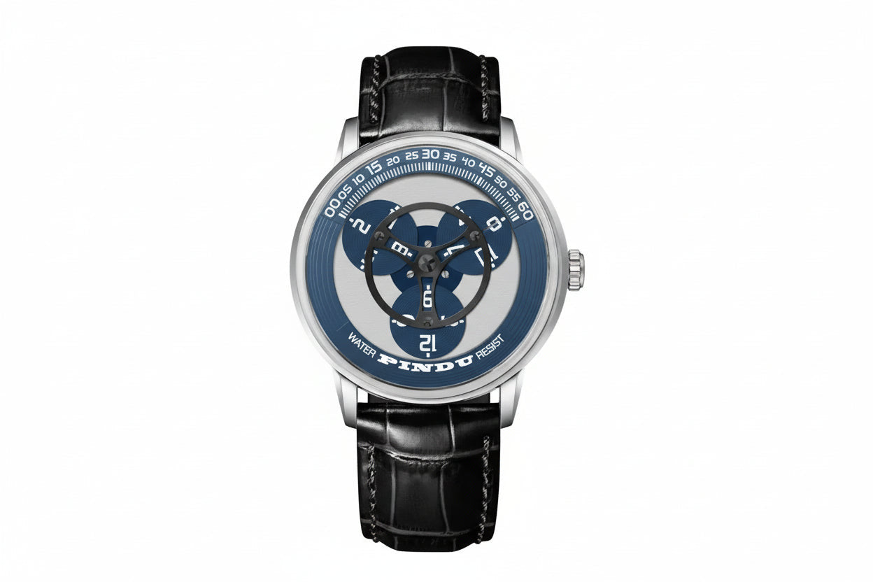 PINDU P6618 rotating disk dial watch silver round case blue triple disk black leather strap front view
