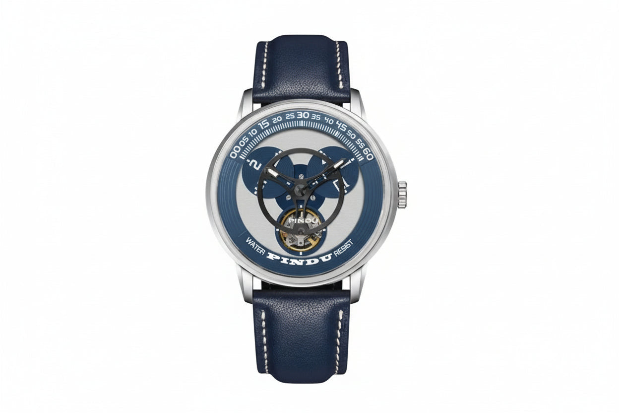 PINDU P6618 skeleton rotating disk dial watch silver round case blue disk tourbillon visible blue leather strap front view