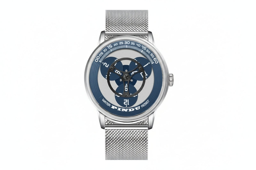 PINDU P6618 rotating disk dial watch silver round case blue disk silver mesh bracelet front view