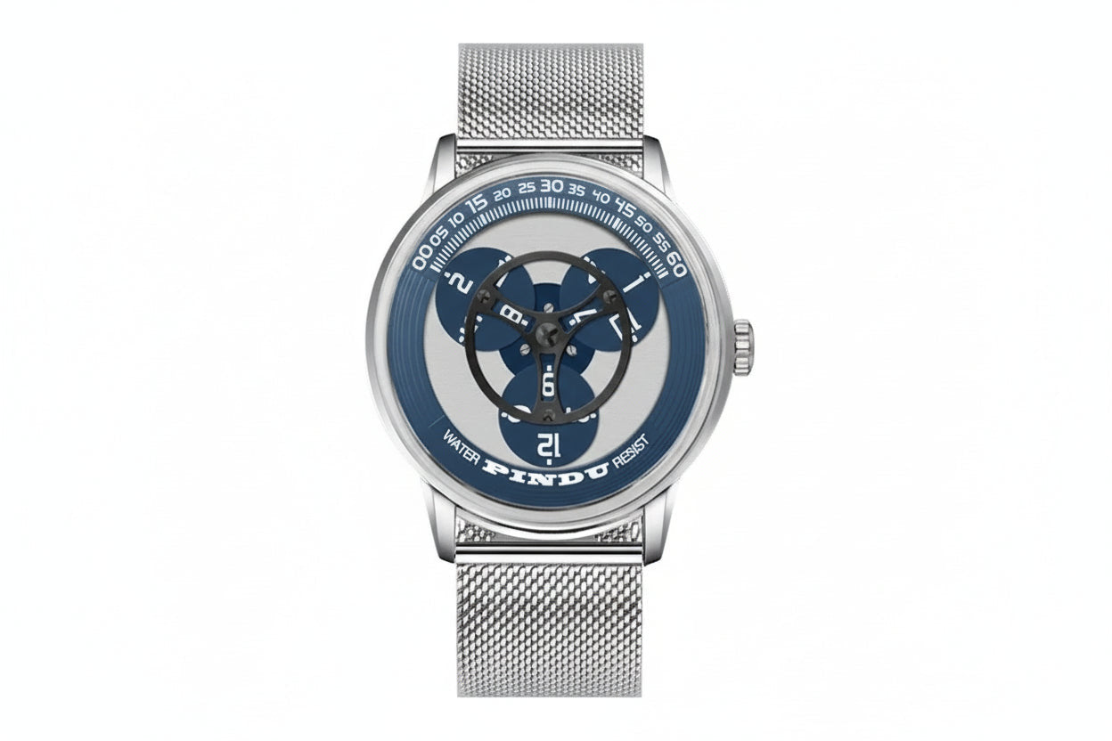 PINDU P6618 rotating disk dial watch silver round case blue disk silver mesh bracelet front view