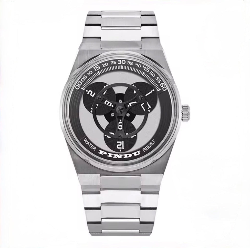 PINDU P6618 rotating disk dial watch silver sport case black triple disk steel bracelet front view