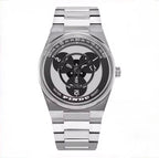 PINDU P6618 rotating disk dial watch silver sport case black triple disk steel bracelet front view