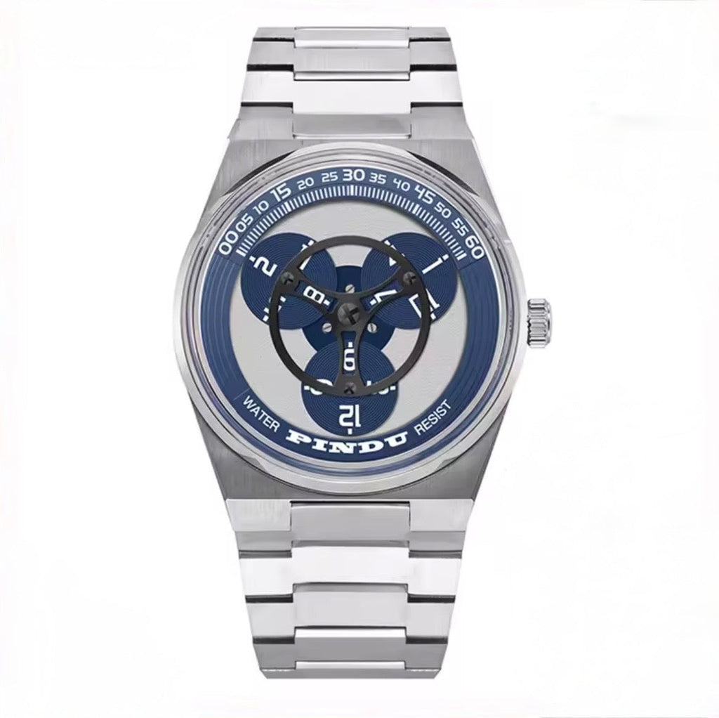 PINDU P6618 rotating disk dial watch silver sport case blue disk steel bracelet front view