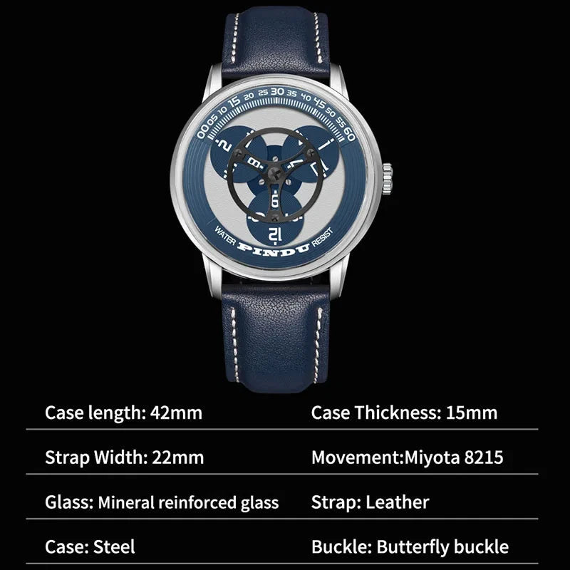 PINDU P6618 rotating disk watch specifications 42mm Miyota 8215 automatic movement mineral glass leather strap