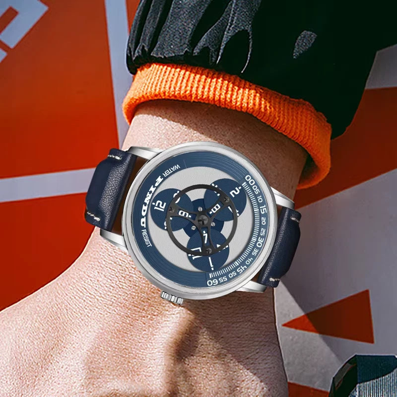 PINDU P6618 rotating disk dial watch on wrist close-up sport case blue leather strap lifestyle