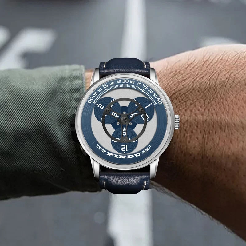 PINDU P6618 rotating disk dial watch on wrist silver round case blue leather strap road background