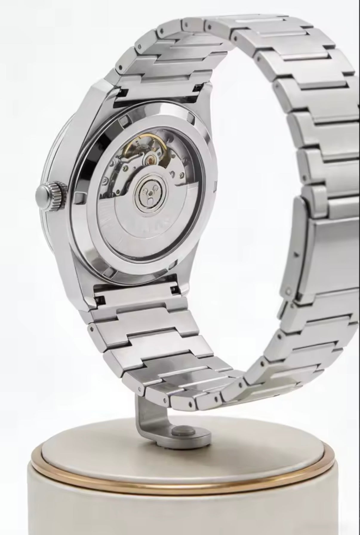 PINDU P6618 skeleton caseback transparent automatic movement visible sport case steel bracelet rear view