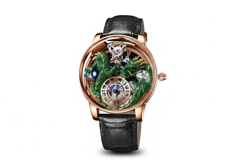 PINDU P6622 green dragon celestial watch rose gold case black leather strap
