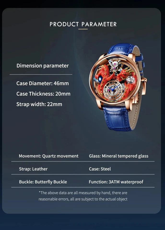 PINDU P6622 green dragon celestial watch rose gold case green leather strap space backdrop