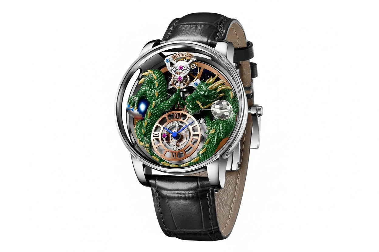 PINDU P6622 3D green dragon celestial watch silver case black leather strap