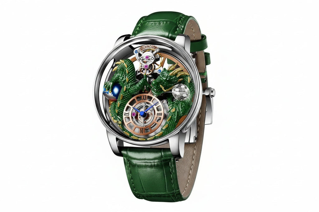 PINDU P6622 3D green dragon watch silver case green leather strap