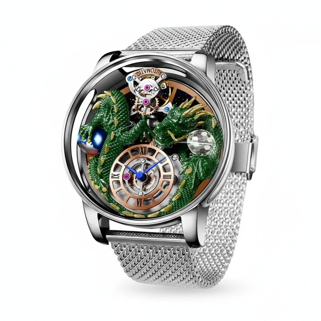 PINDU P6622 green dragon celestial watch silver case silver mesh bracelet