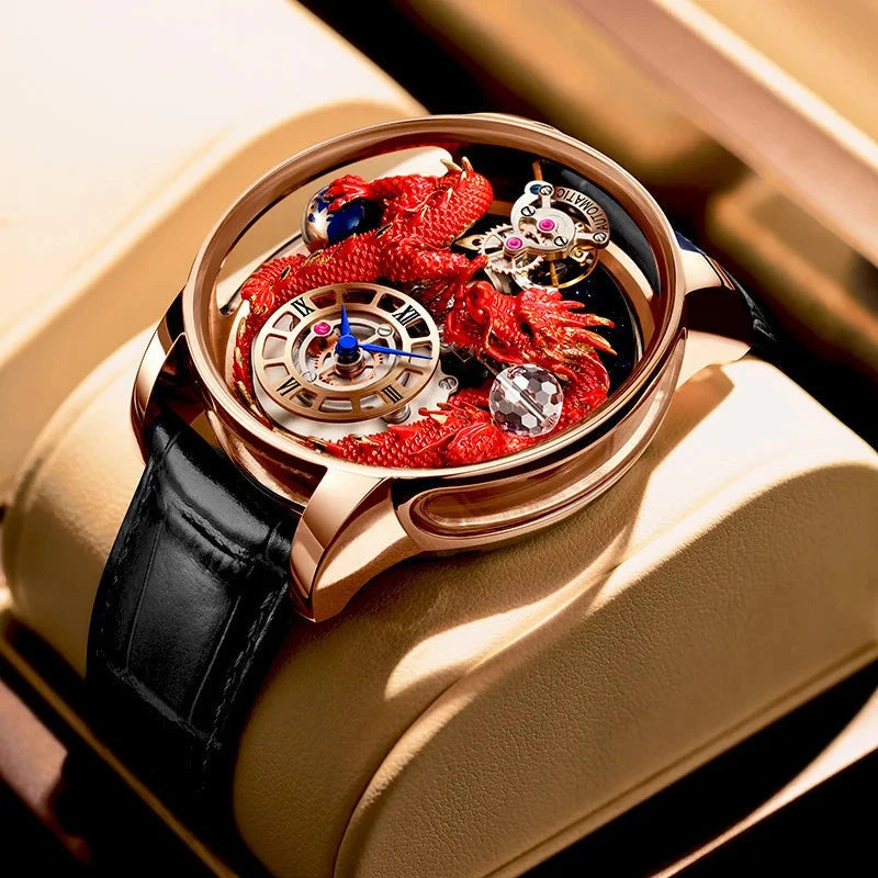PINDU P6622 red dragon watch angled space background rose gold case blue leather strap