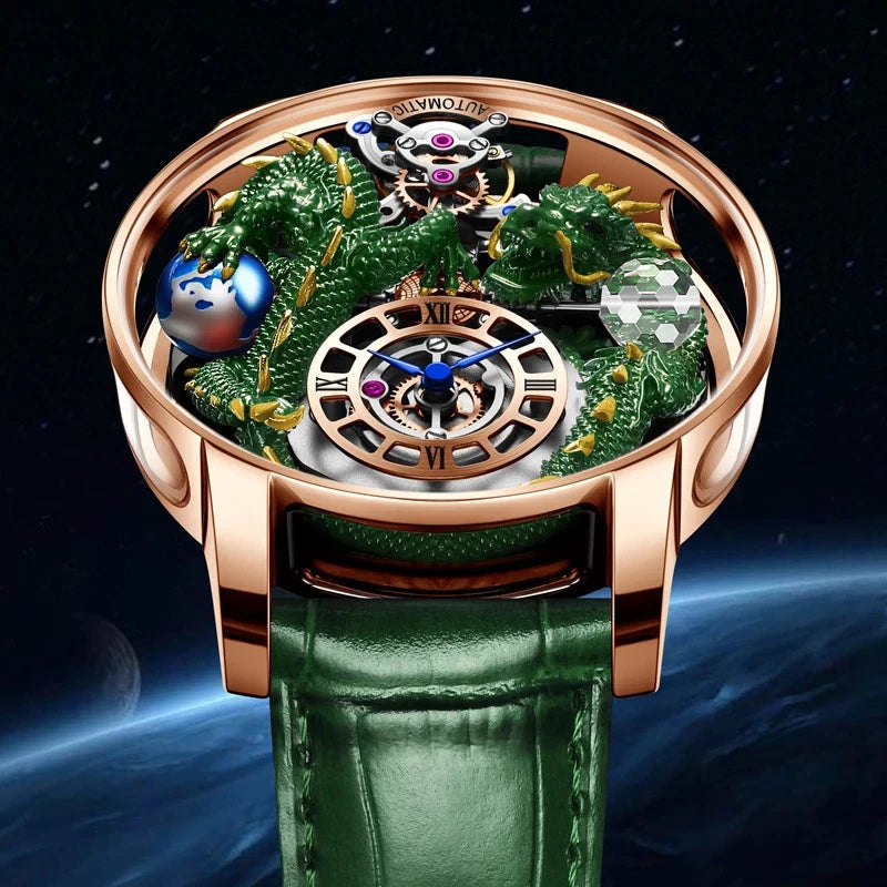 PINDU P6622 3D red dragon skeleton watch rose gold case black leather strap warm light